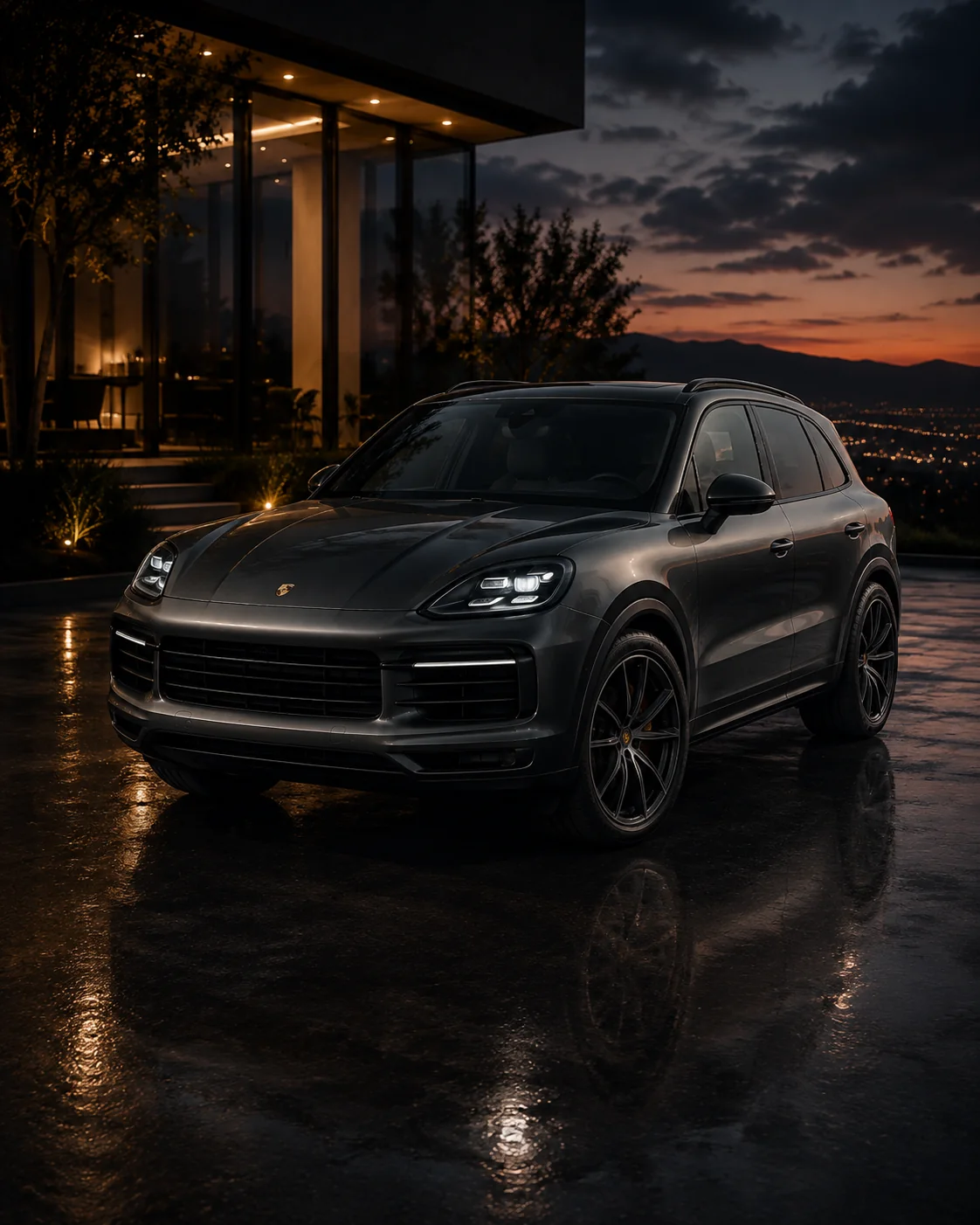 SUV Porsche Cayenne en escenario premium al anochecer