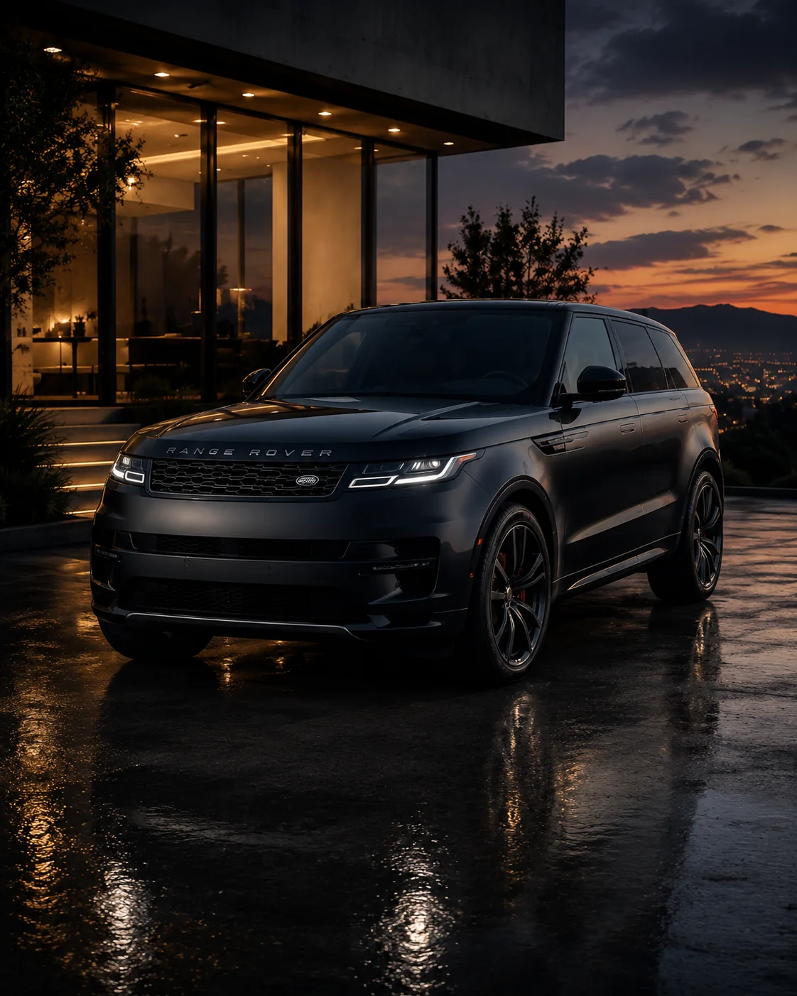 Range Rover Sport en una residencia de lujo al atardecer