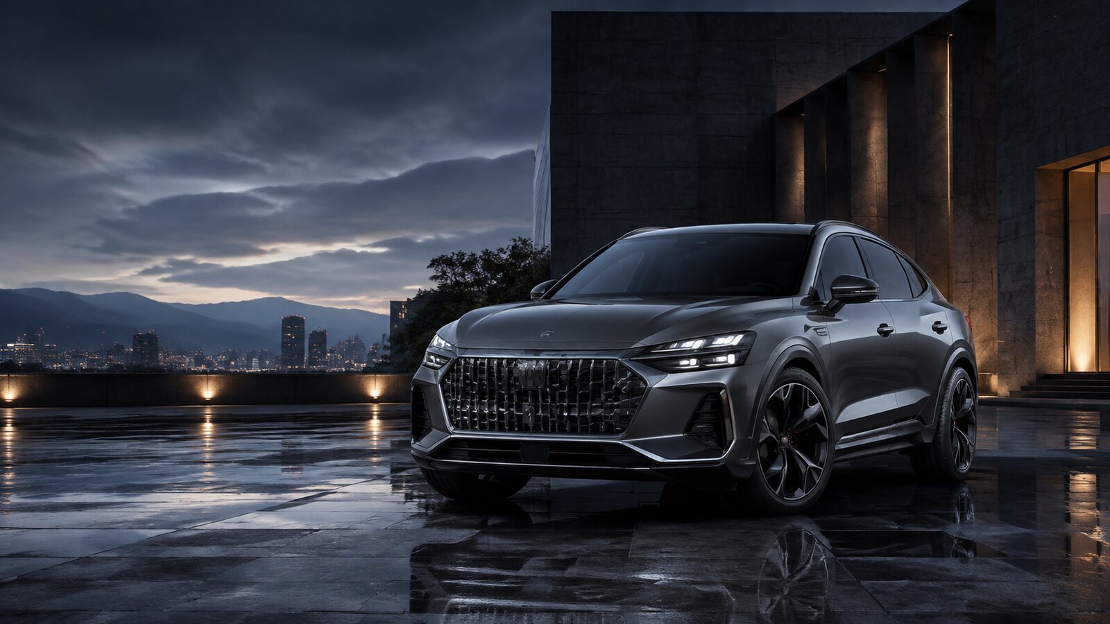 Interpretación editorial de un SUV coupé premium grafito al anochecer