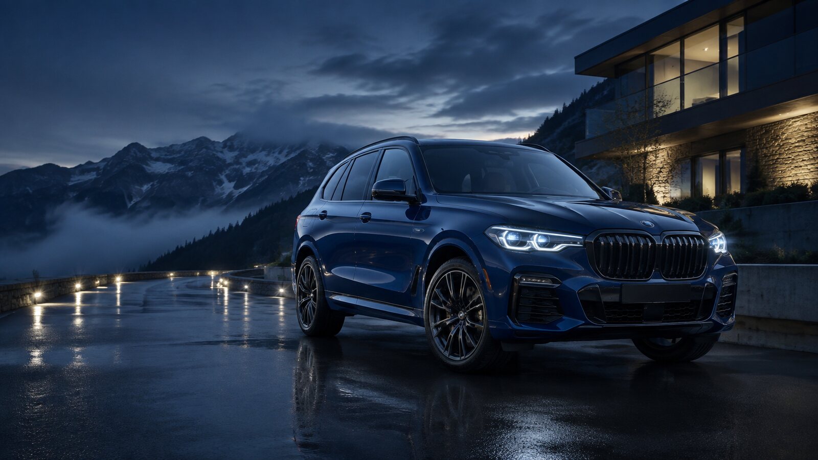 Interpretación editorial de una SUV premium azul en una carretera de montaña