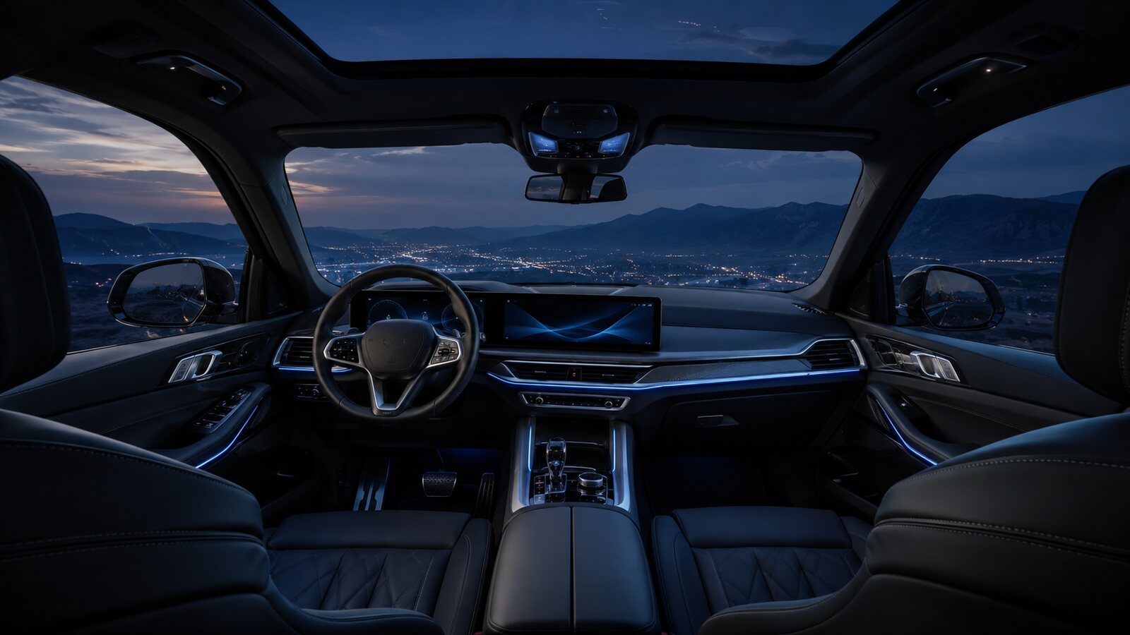 Interpretación editorial de una cabina premium oscura con iluminación azul