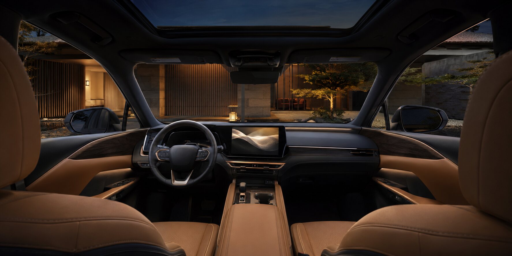 Interior editorial de SUV japonesa premium con piel cálida, madera y luz ambiental