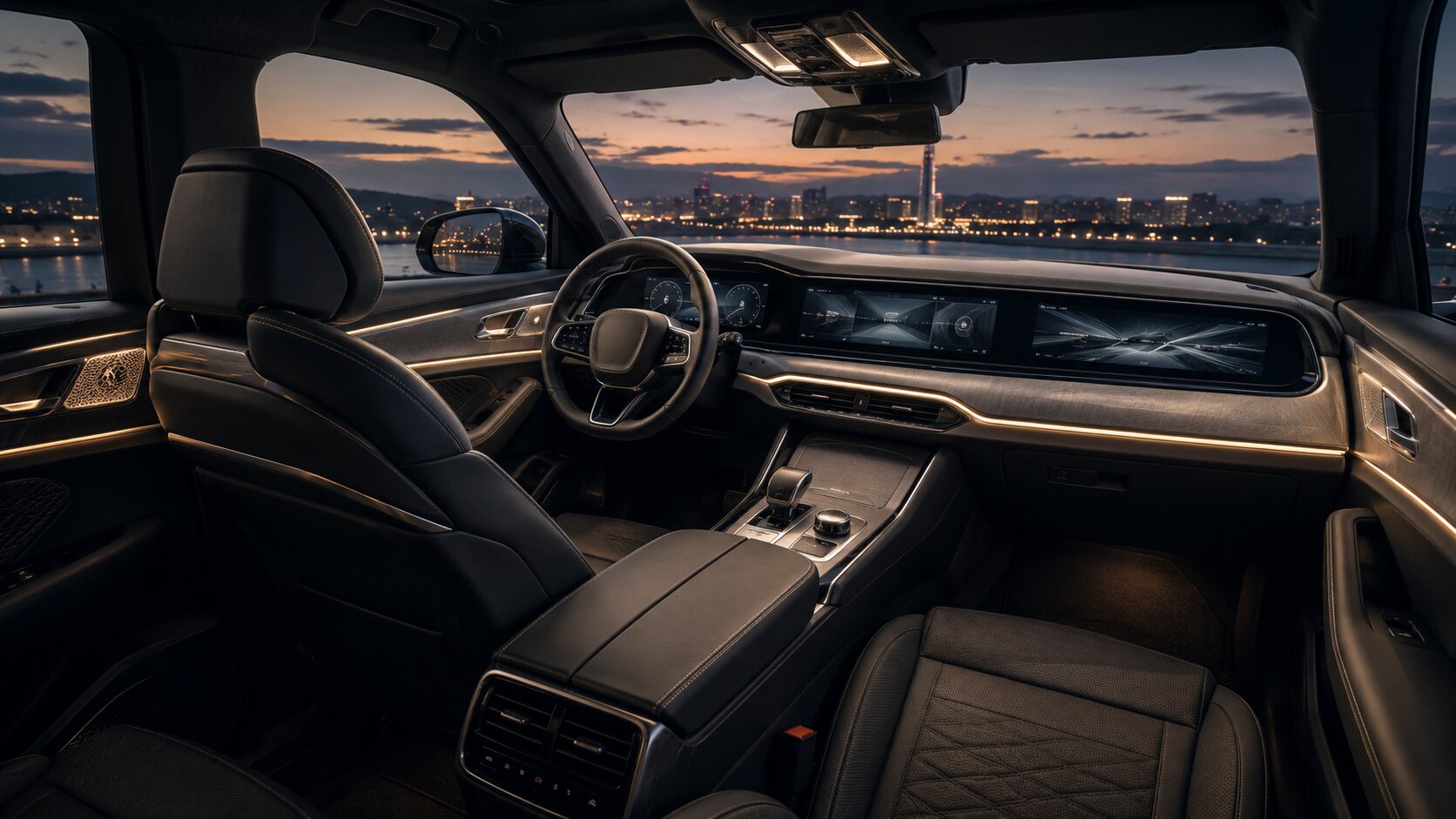 Representación editorial de una cabina SUV premium con iluminación ambiental y acabados oscuros
