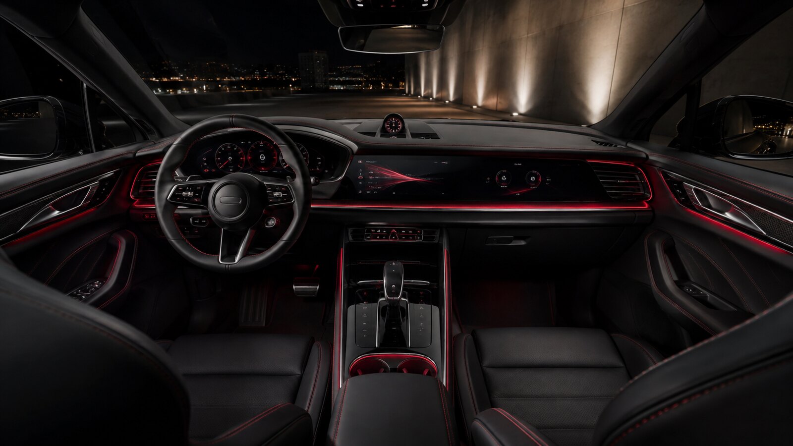 Cabina editorial de SUV deportiva con piel negra, metal y luz ambiental roja