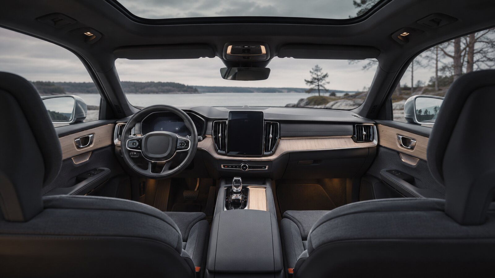 Cabina editorial de SUV escandinava con madera clara, techo panorámico y pantalla vertical