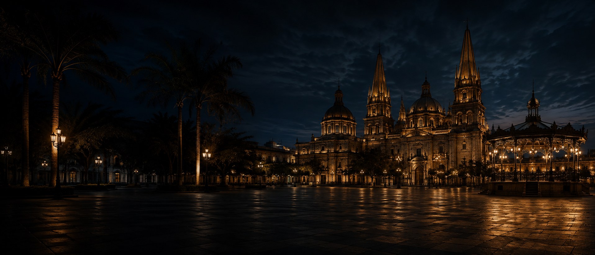 Centro histórico de Guadalajara iluminado por la noche